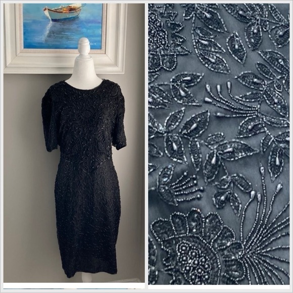 Laurence Kazar Dresses & Skirts - Vintage 80s Laurence Kazar Beaded Shortsleeve Black Formal Cocktail Dress Large
